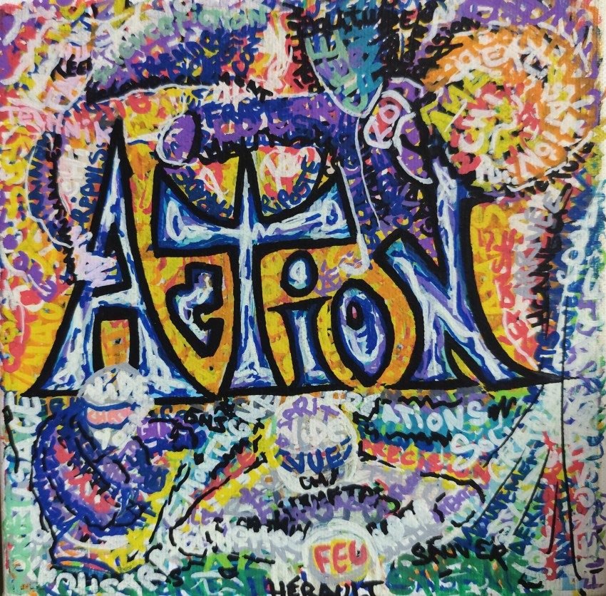 Le mot « Action » en grandes lettres noires et bleues, entouré de personnages et de mots de toutes les couleurs.