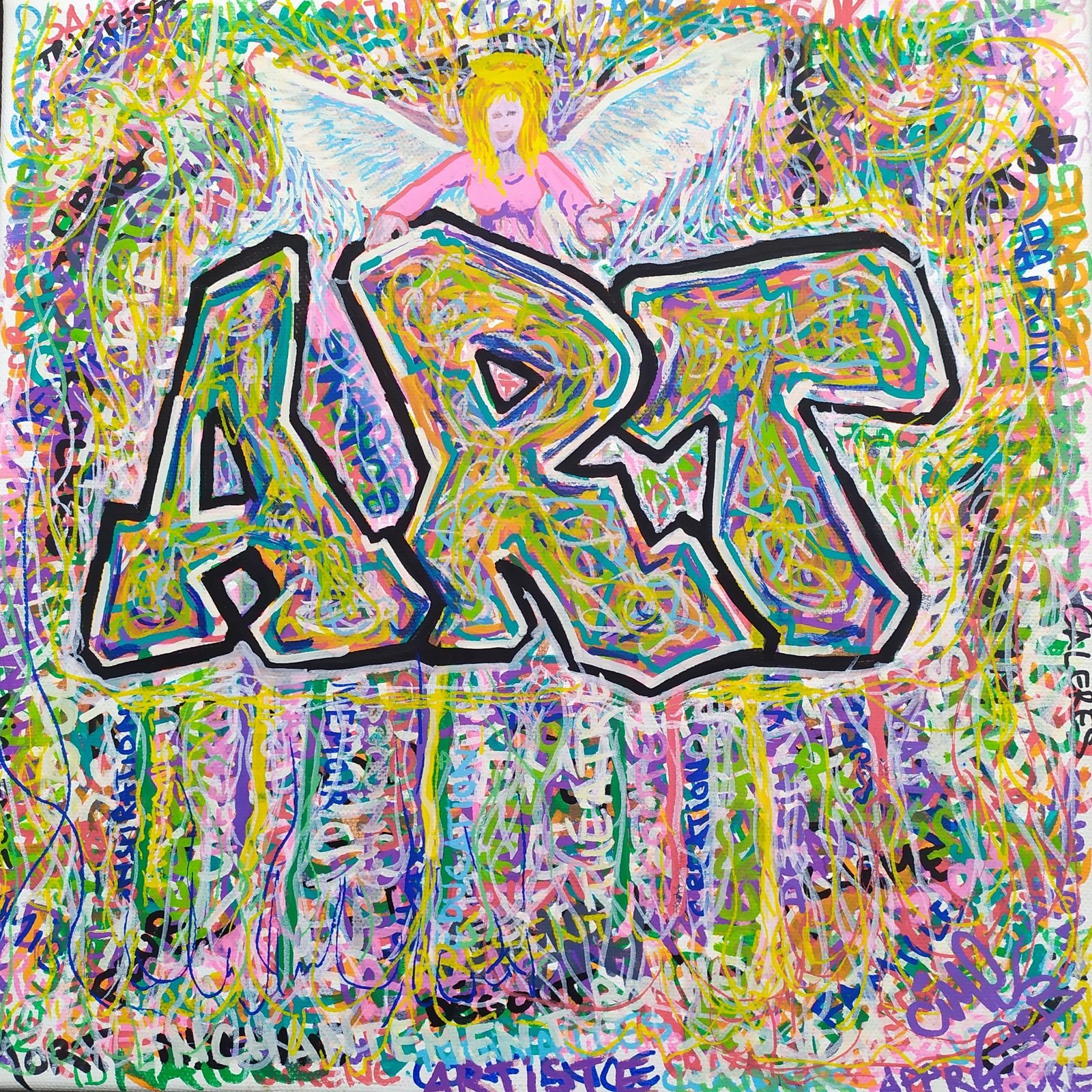 Le mot ART en lettrage graffiti, sous un ange aux ailes déployées, sur un fond foisonnant de couleurs.