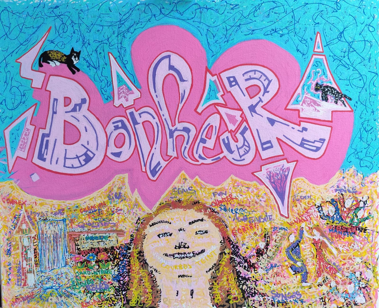 Le mot « Bonheur » en lettrage graffiti sur un nuage rose, deux chats perchés, et dessous un visage souriant entouré de mots.