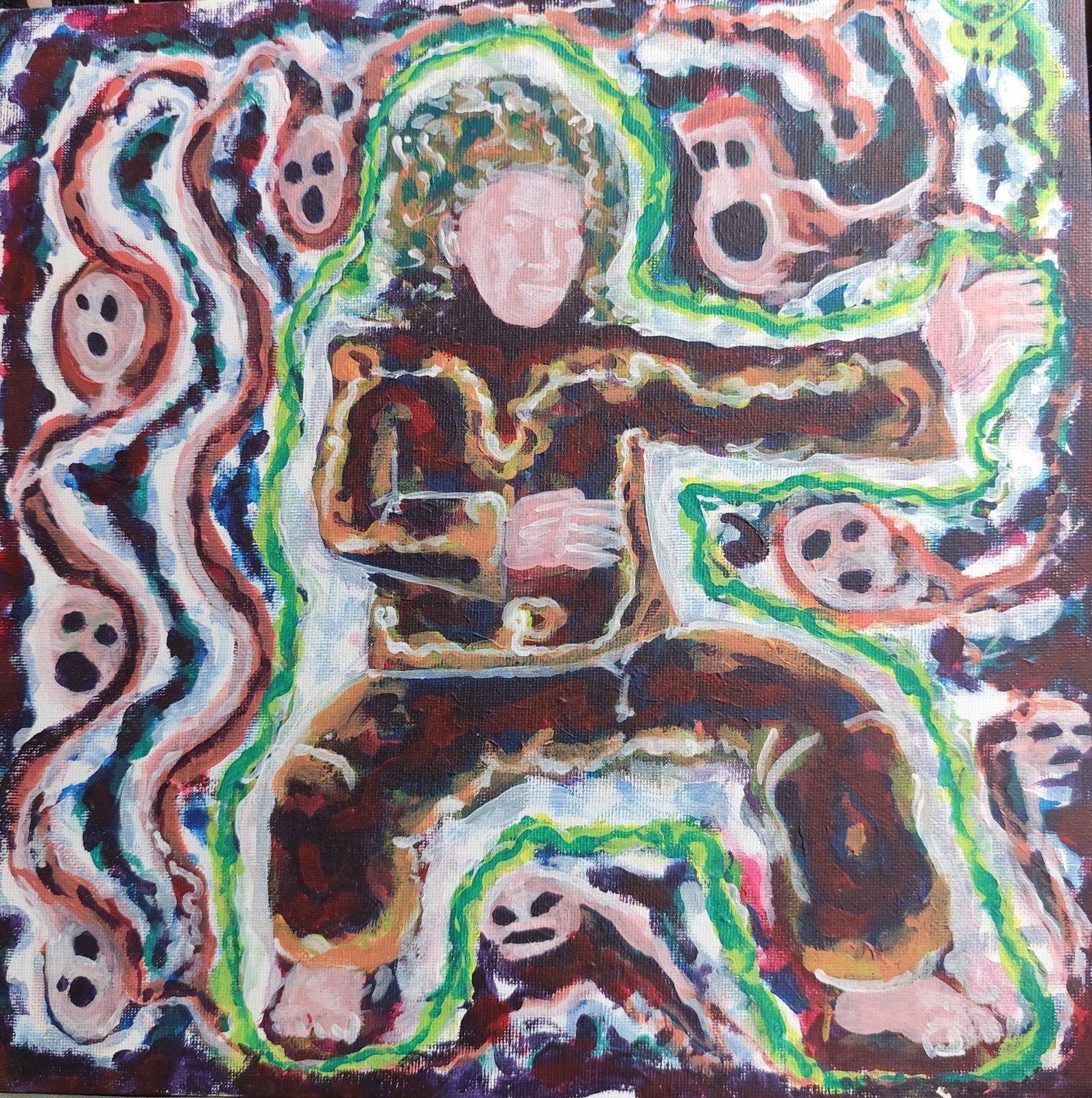 Un homme en tenue brune, en posture de combat, cerné d'un halo vert et de petits fantômes à la bouche ouverte.