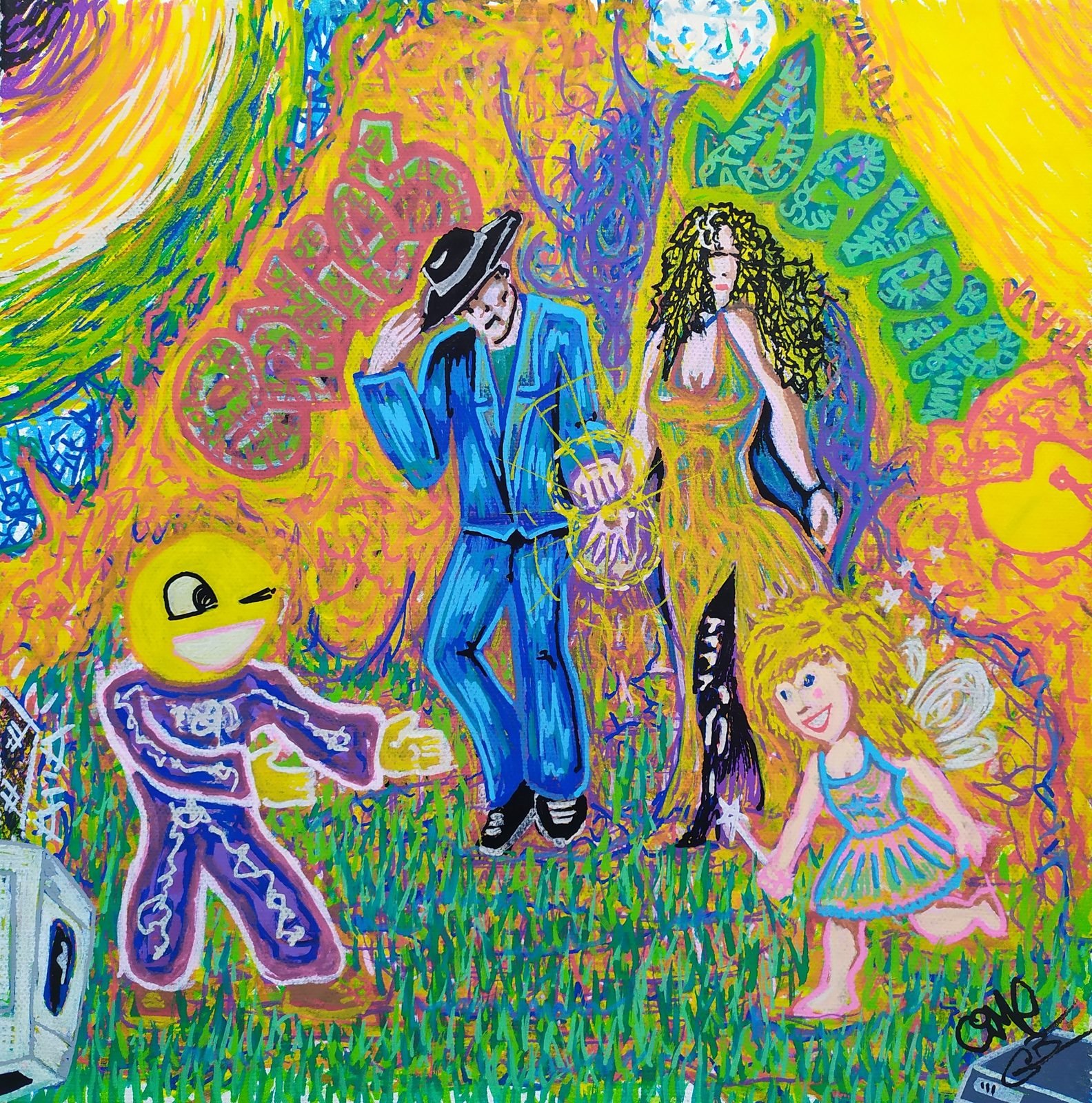 Un homme en costume bleu et chapeau, une femme aux cheveux bouclés, une petite fée et un personnage à tête de smiley.