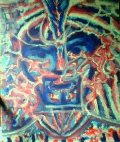 Un visage en forme de masque, tracé de lignes bleues, rouges et blanches entrelacées.