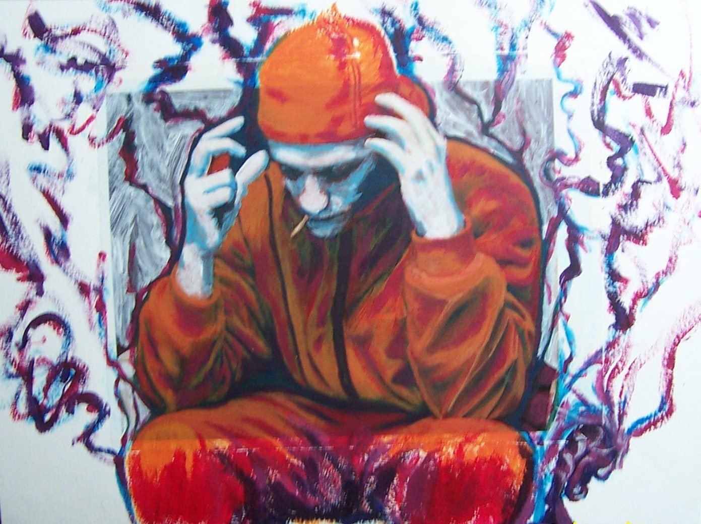 Un homme en tenue orange, cigarette aux lèvres, assis la tête dans les mains, entouré de traits rouges et bleus.