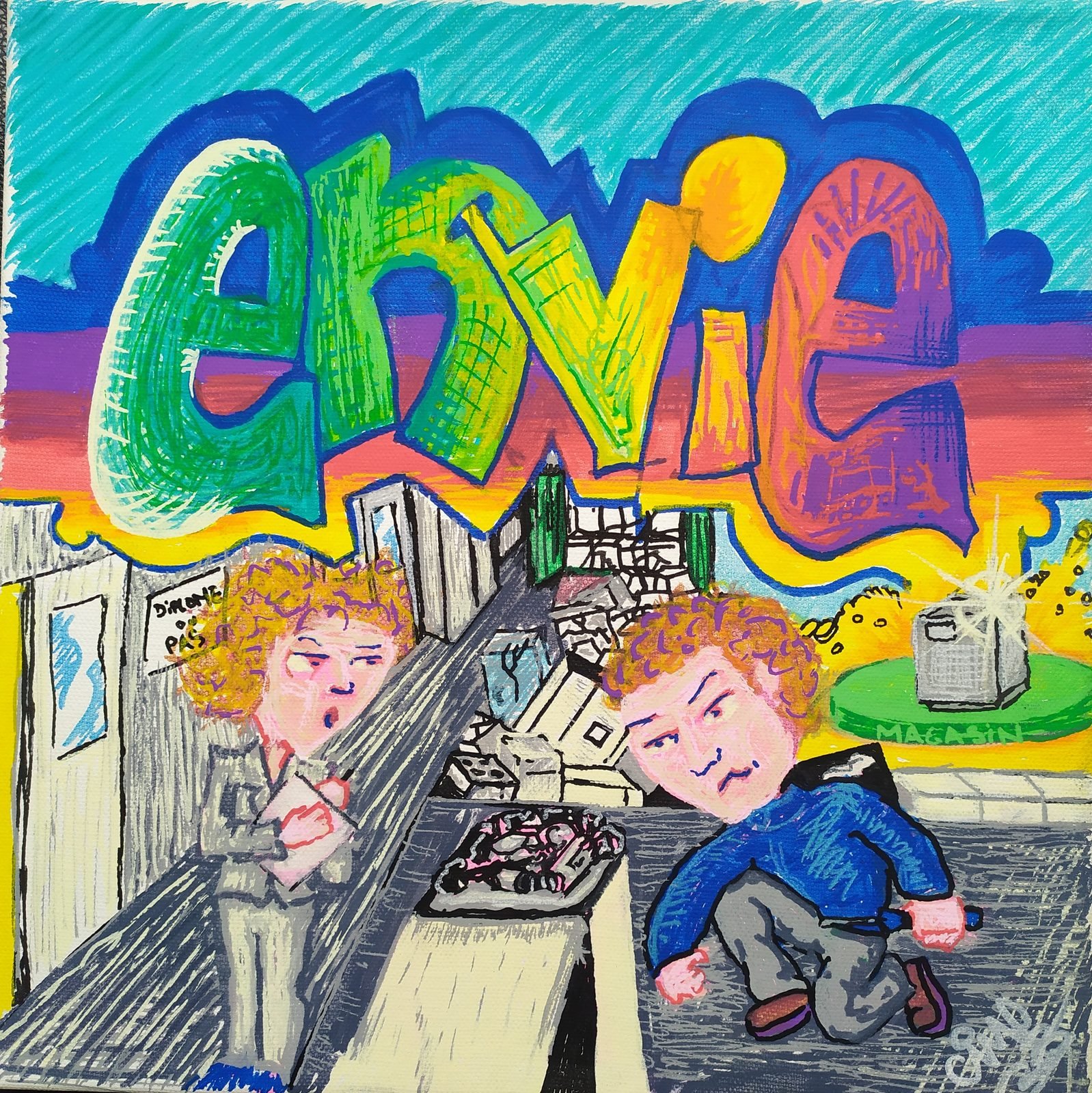 Le mot ENVIE en lettrage graffiti coloré, au-dessus d'une scène de rue avec deux personnages.