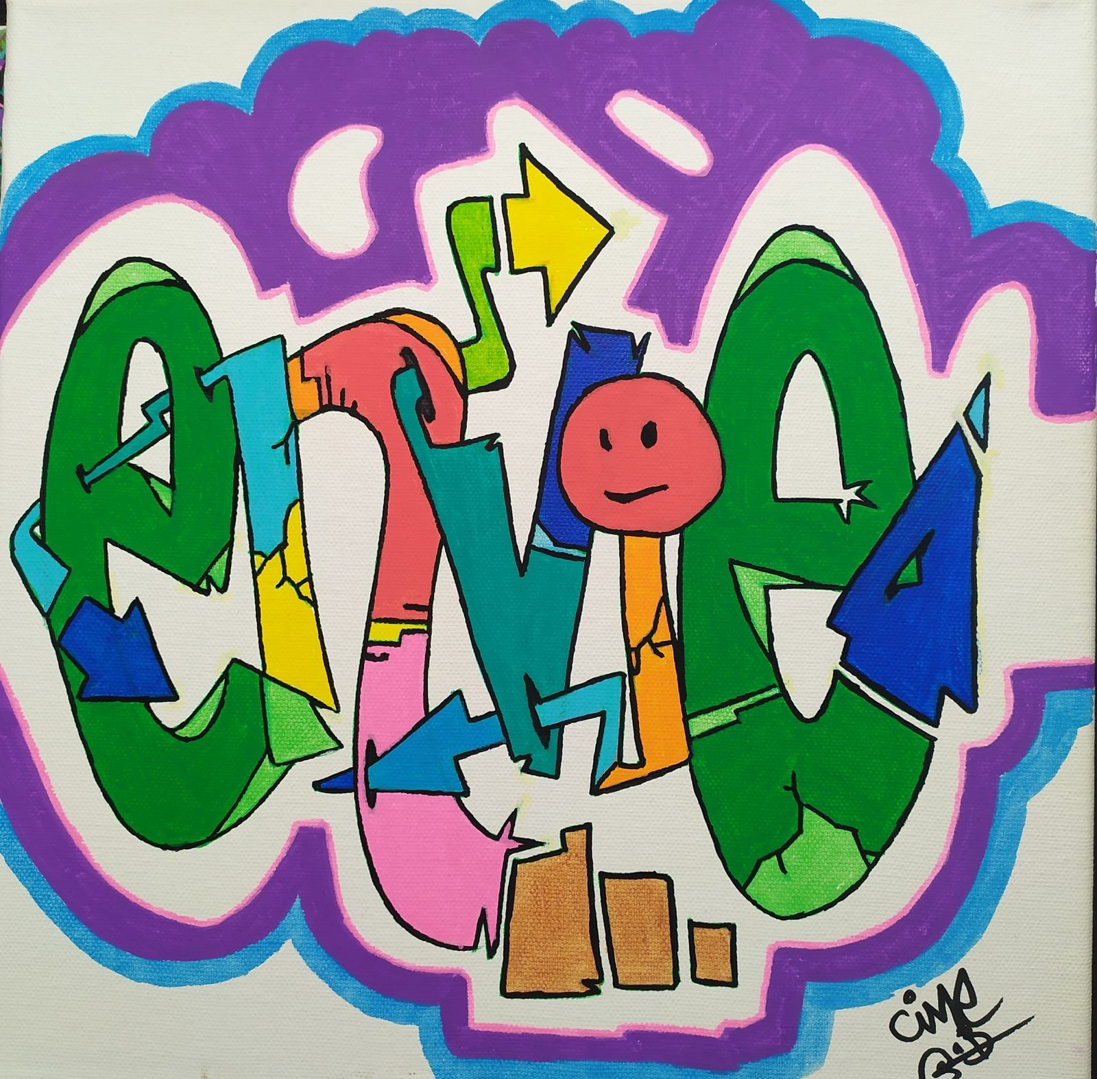 Le mot ENVIE en lettrage graffiti vert, rose et bleu, avec un smiley, dans un contour violet.