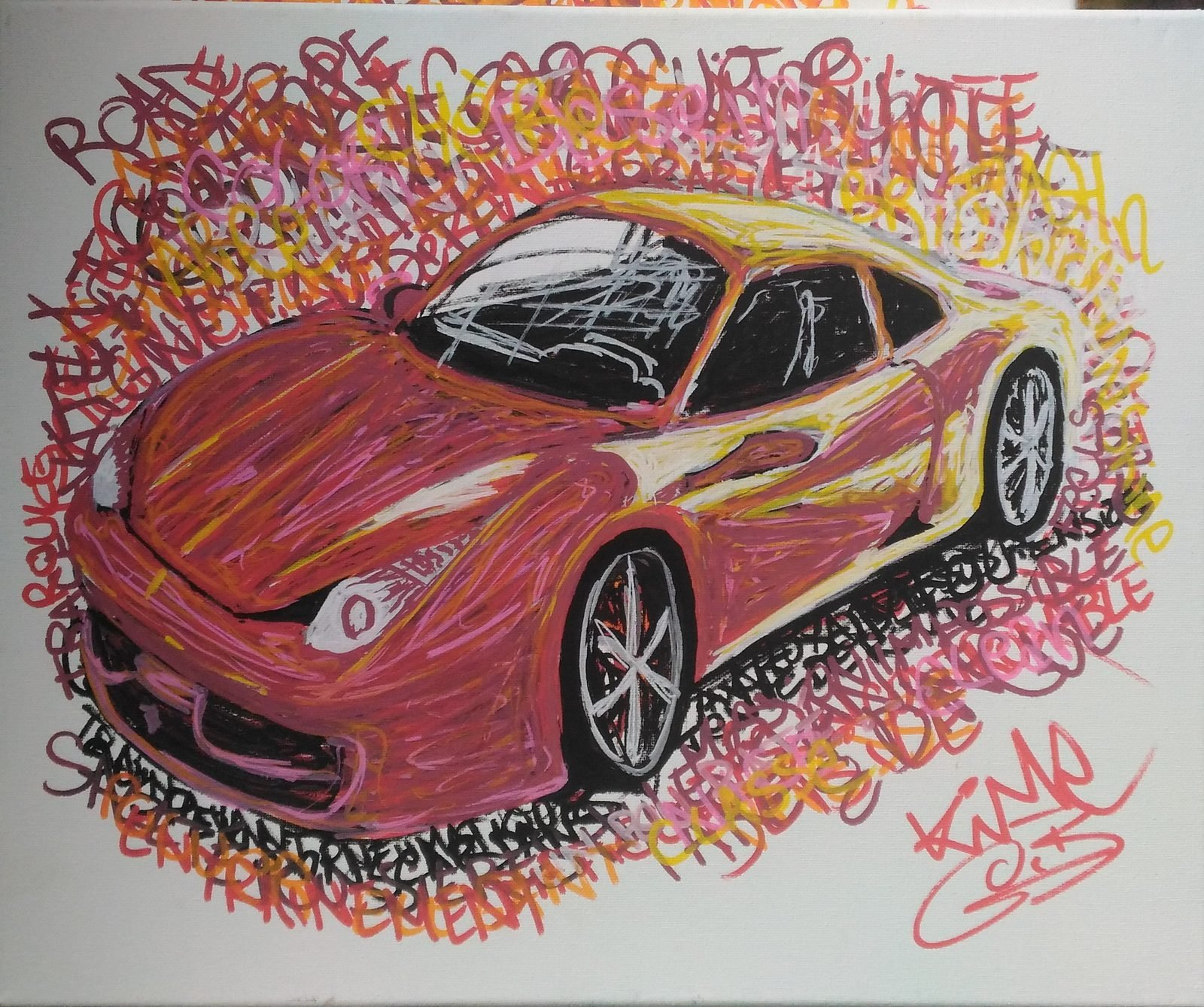 Une Ferrari rouge entourée d'un tourbillon de mots écrits en rouge, rose et jaune.