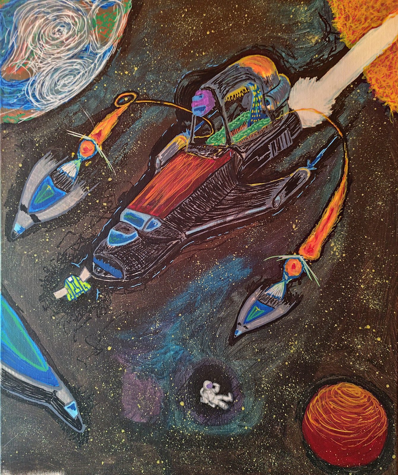 Un vaisseau rouge escorté de petits vaisseaux dans l'espace étoilé, entre des planètes et un astronaute qui flotte.
