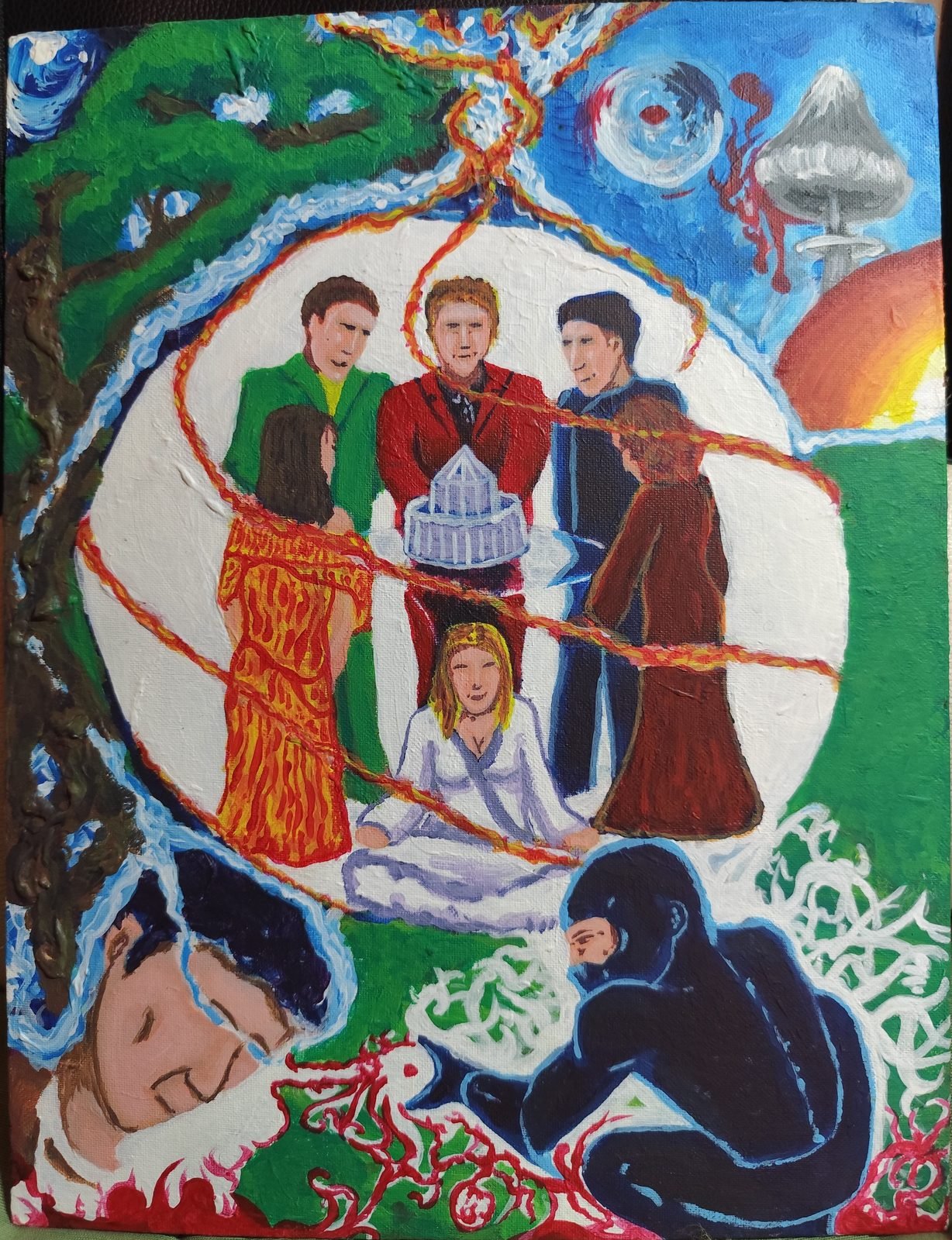 Six personnages réunis dans un grand cercle, l'un assis en méditation, au-dessus d'une silhouette noire accroupie.