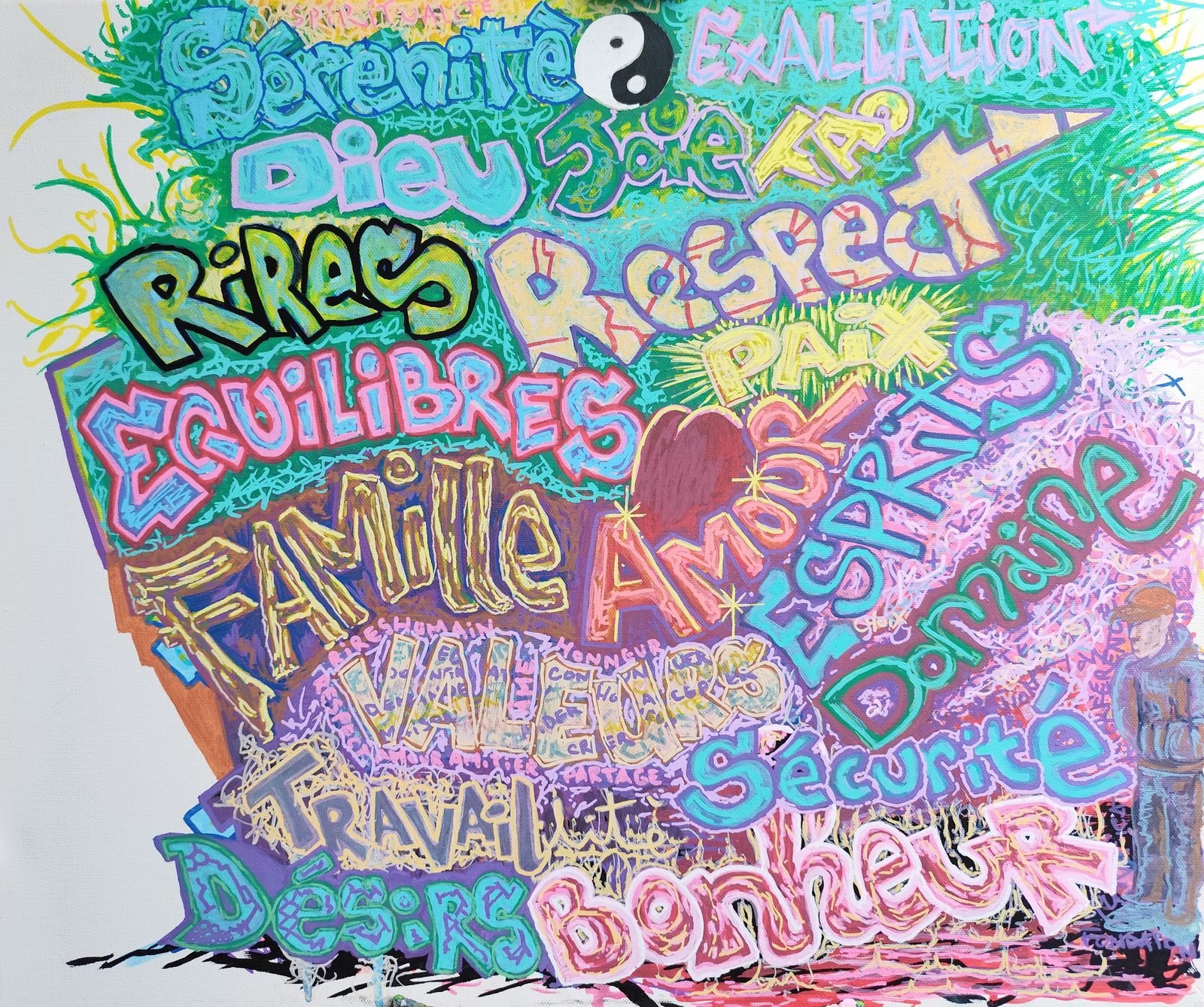 Des dizaines de mots en lettrage graffiti multicolore, dont Famille, Amour, Respect et Paix, avec un yin-yang en haut.