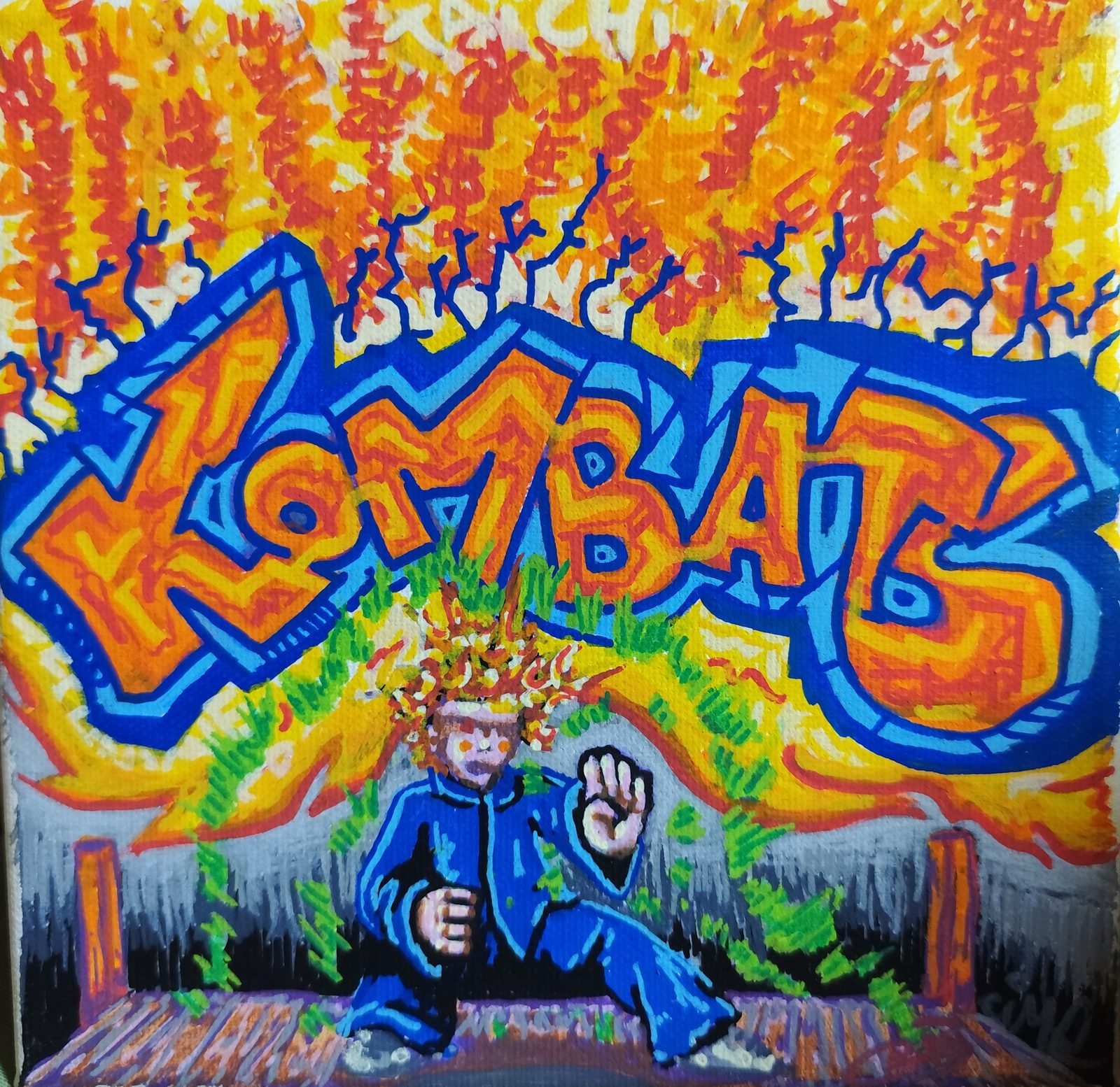 Le mot « Kombat » en graffiti orange et bleu, au-dessus d'un combattant en kimono bleu, le poing levé.