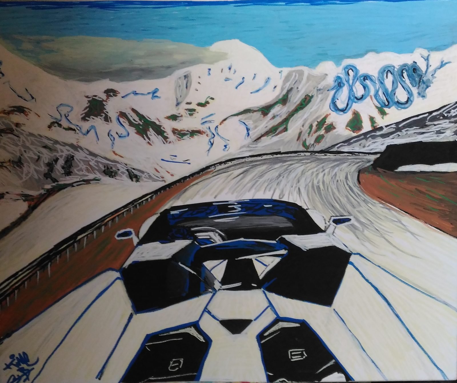 Une Lamborghini blanche vue de l'arrière, sur une route de montagne enneigée.