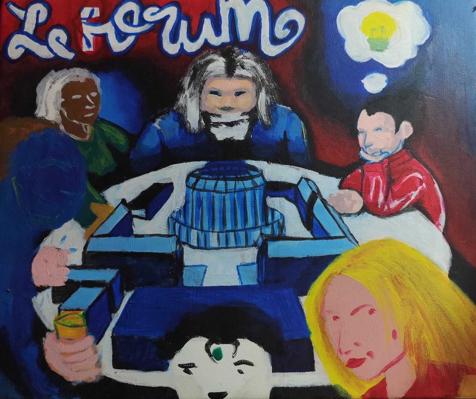 Des personnages attablés autour de la maquette d'un bâtiment bleu, sous l'inscription « Le forum » et une ampoule allumée.