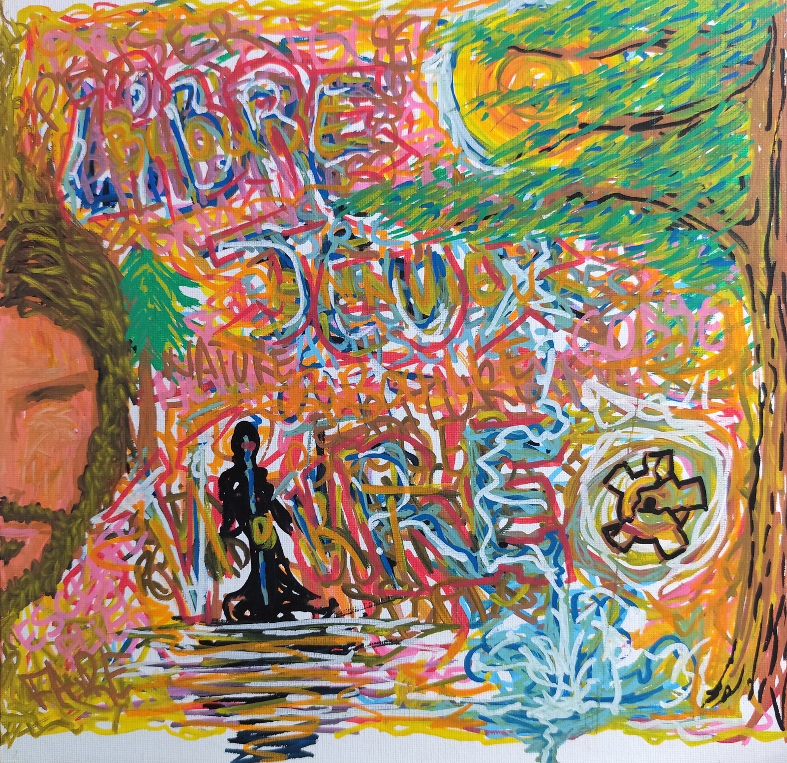 Des mots tracés en lignes multicolores, avec un visage barbu de profil, une silhouette noire au centre et un soleil.