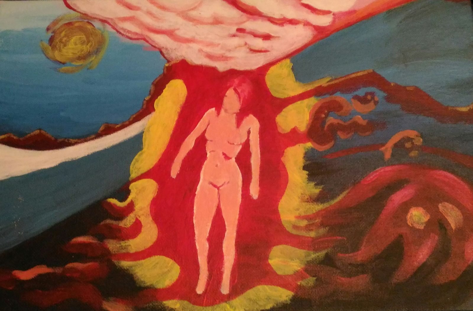 Une silhouette de femme nue debout dans une colonne de flammes rouges, sous un nuage rose et un ciel bleu.
