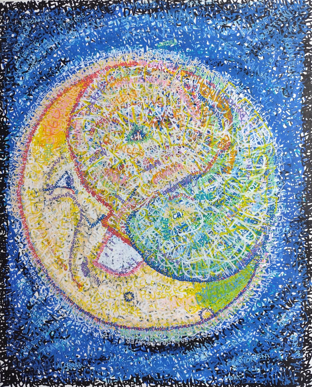 Une lune au visage de profil, faite de traits et de mots colorés, sur un ciel bleu tout en pointillés.