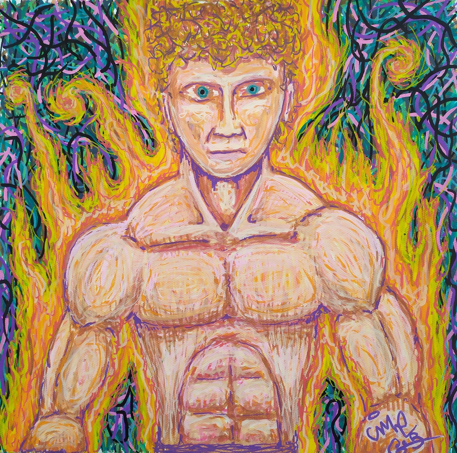 Un homme torse nu et musclé, le regard fixe, entouré de flammes jaunes sur un fond de traits bleus et violets.