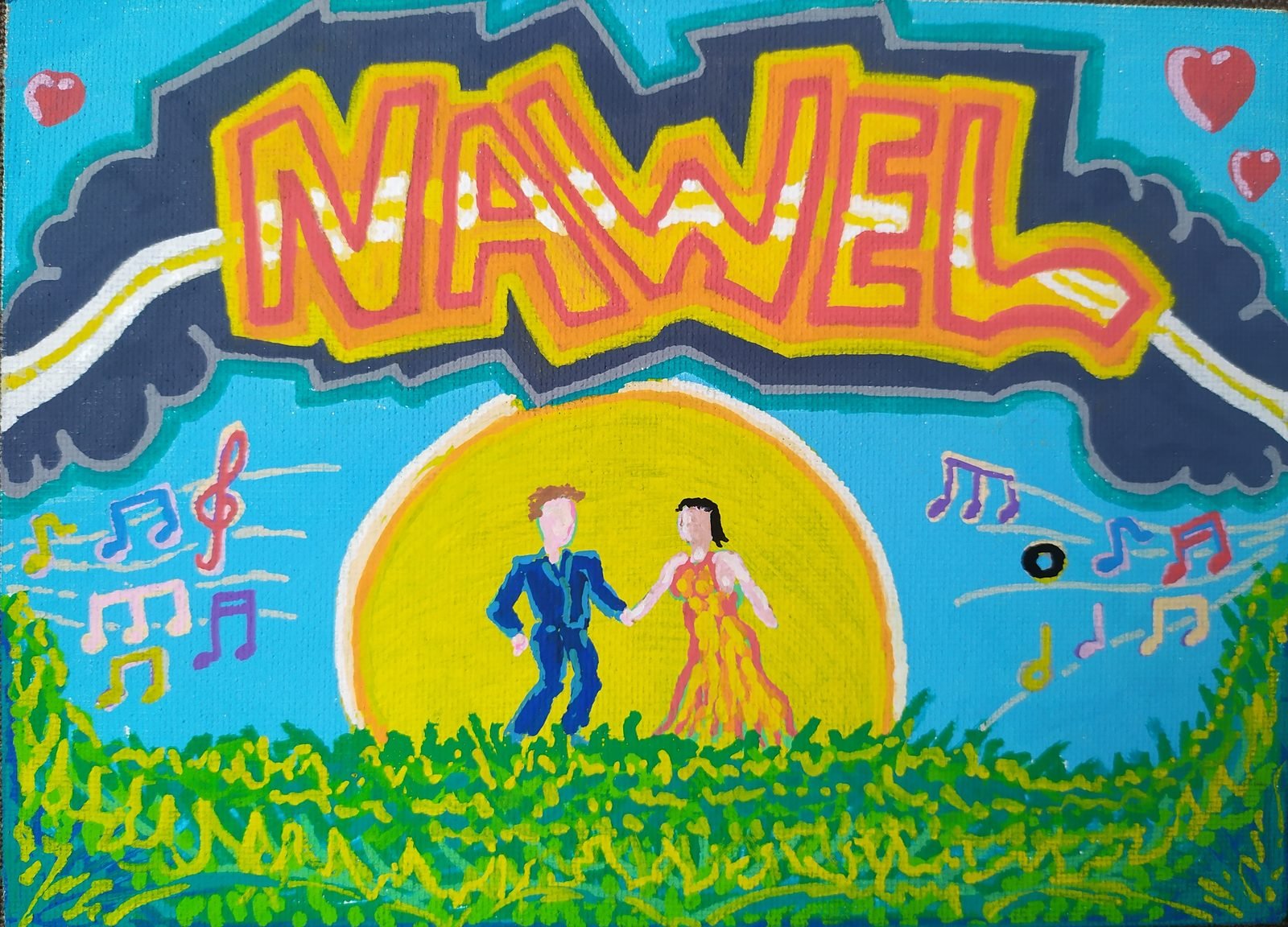 Le prénom NAWEL en lettrage graffiti, au-dessus d'un couple qui danse devant un soleil couchant et des notes de musique.