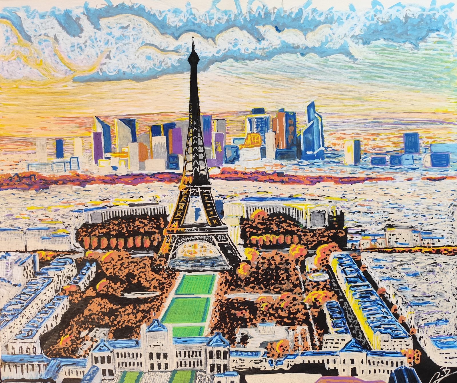 Paris vu d'en haut, avec la tour Eiffel, le Champ-de-Mars et les tours de la Défense à l'horizon.