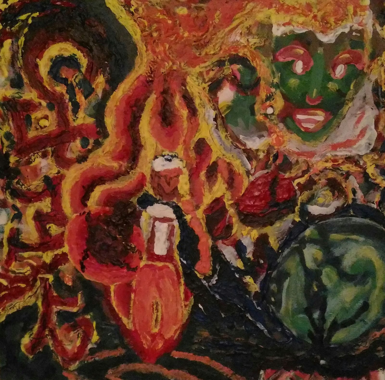 Un visage vert aux marques rouges au-dessus de flammes orange, entre des idéogrammes et une sphère verte.