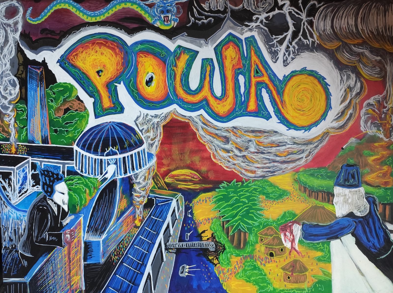 Le mot « Powa » en lettres orange au-dessus d'une ville bleue d'un côté et d'un village vert de l'autre.
