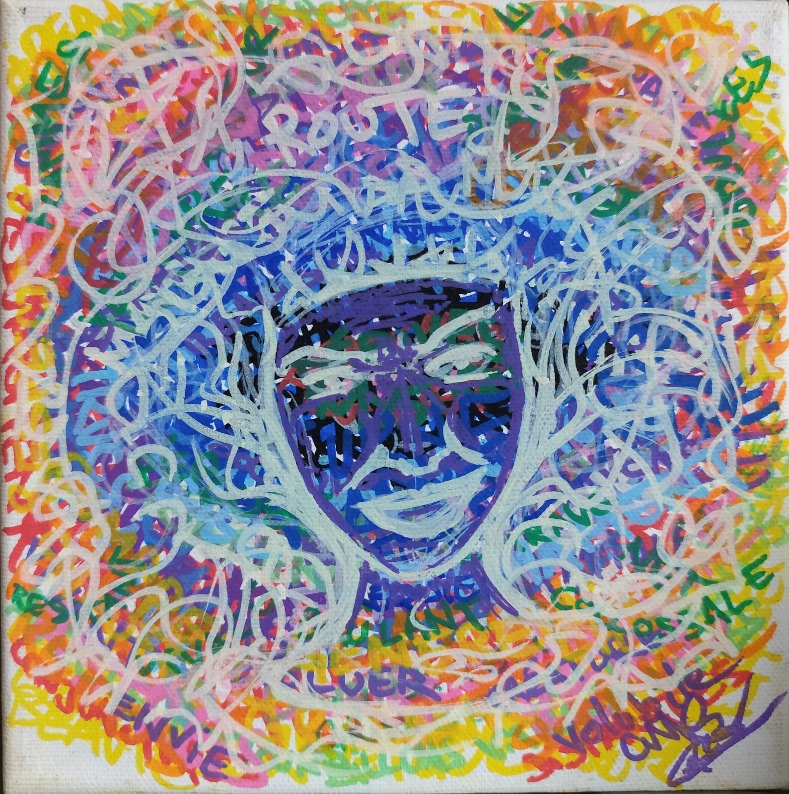 Un visage bleu au centre d'un enchevêtrement de lignes et de mots multicolores.