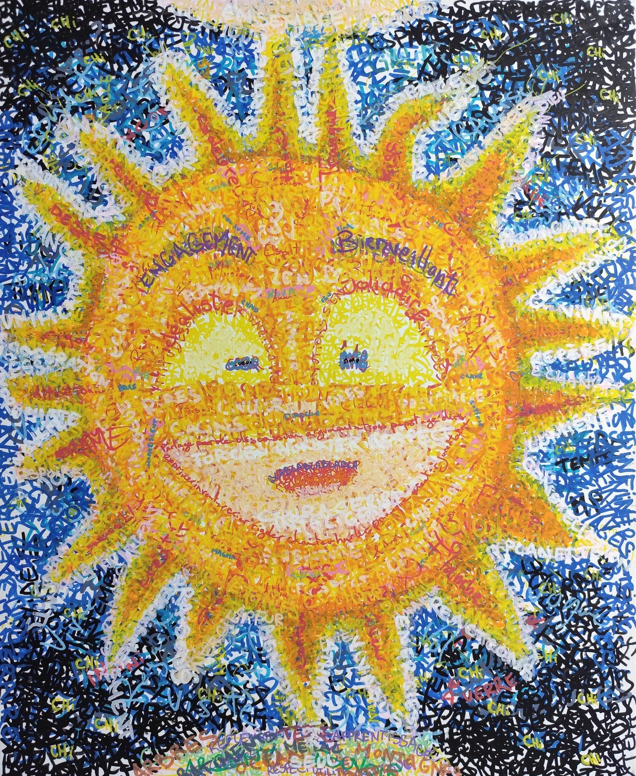 Un grand soleil jaune souriant aux longs rayons, tracé de petits mots, sur un ciel bleu sombre.