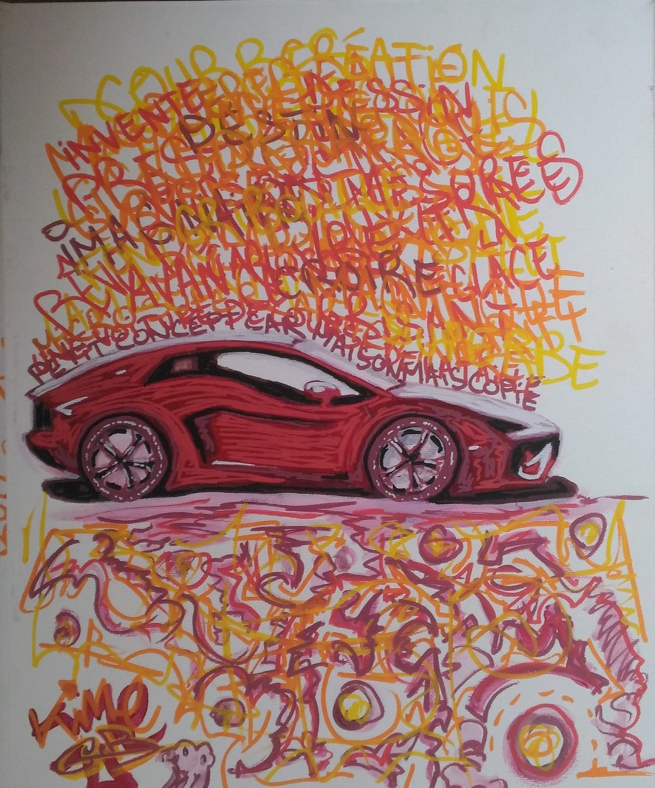 Une supercar rouge sous une pluie de mots orange et rouges, sur fond blanc.