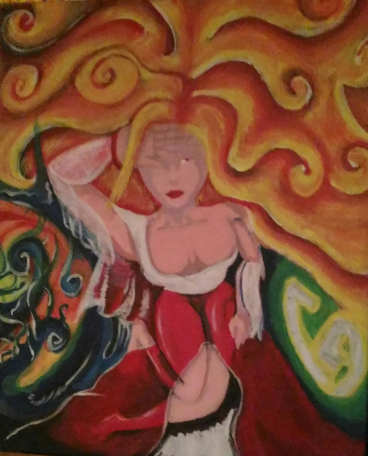 Une femme en robe rouge, un bras levé, dans un tourbillon de volutes orange et jaunes.