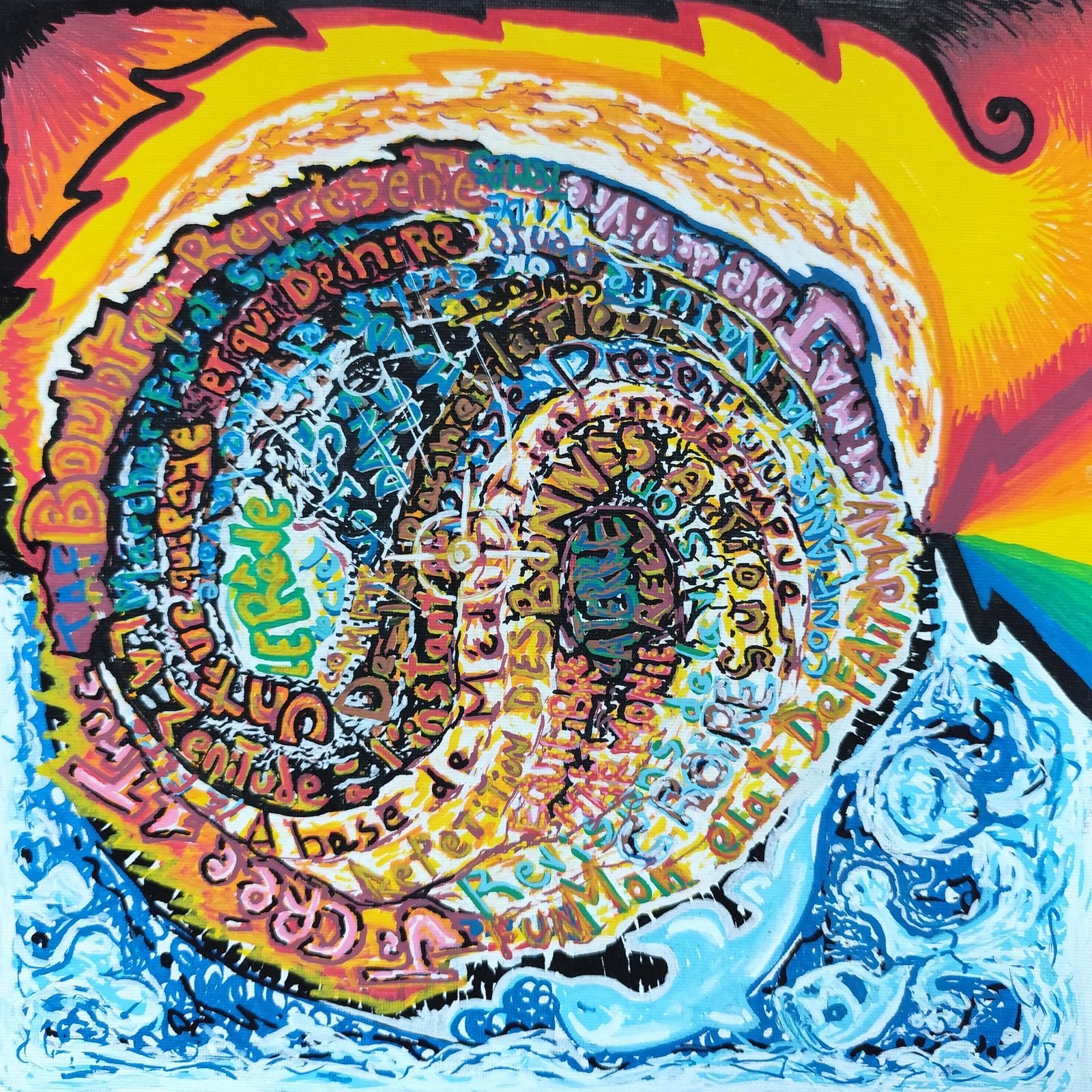 Une spirale de mots manuscrits multicolores, entre un ciel de feu orange en haut et des vagues bleues en bas.